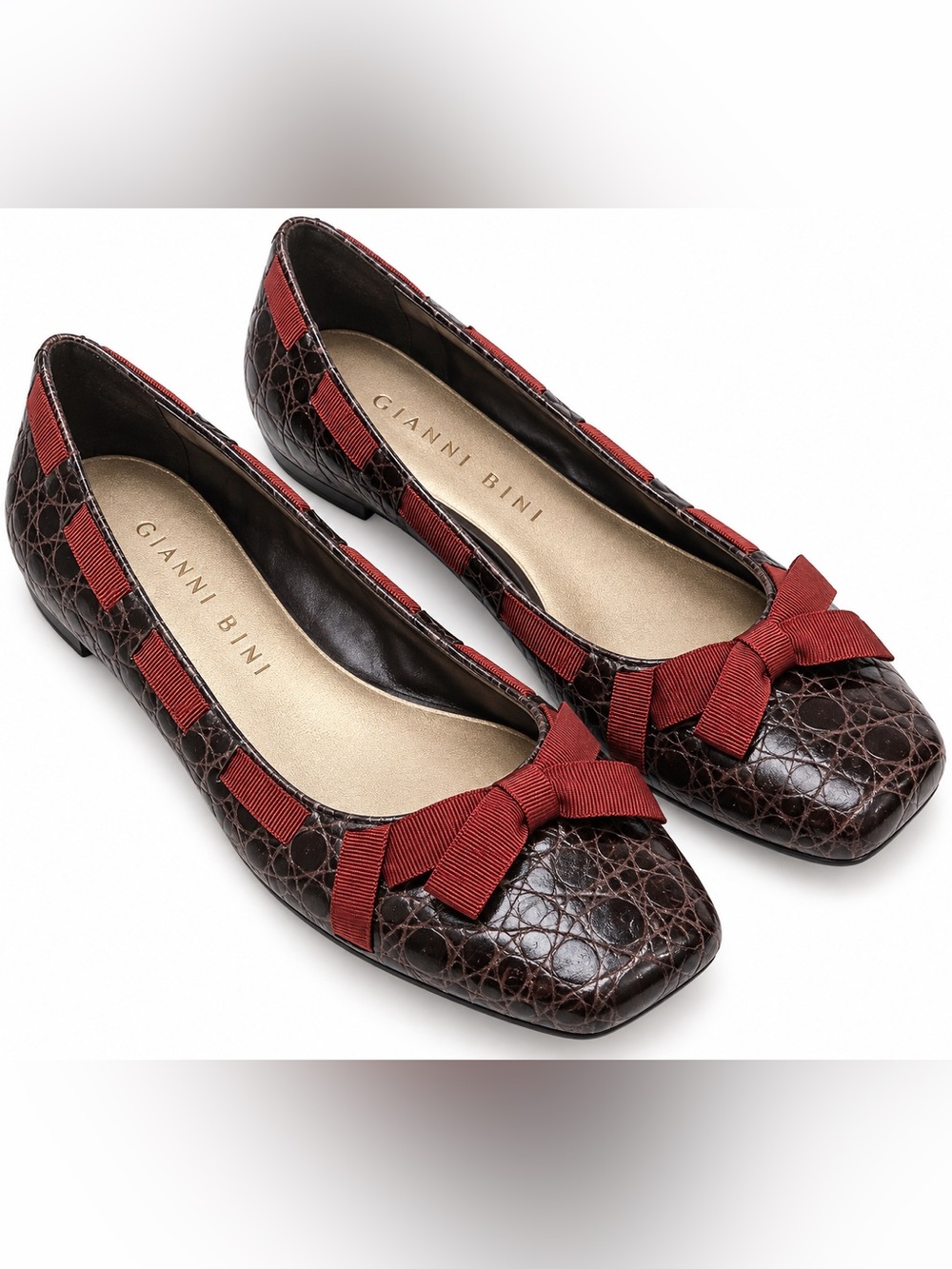 Gianni Bini Croc Embossed Ballet Flats Brown Burgundy Bow Ribbon Size 10M